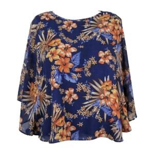 Faith & Joy Size XL Navy Blue Floral Butterfly Sleeve Blouse Lined